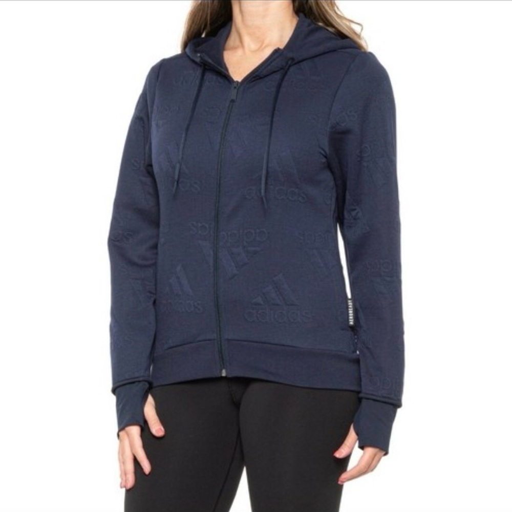 Adidas Sportswear Aeroready Navy Jacquard Full-Zip Logo Hoodie Size Large